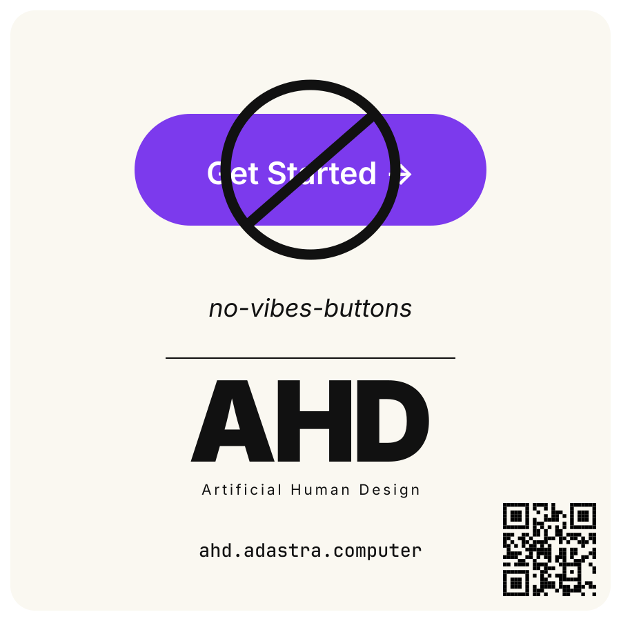 The Rule sticker: a purple button with a no-symbol, captioned no-vibes-buttons, with the AHD wordmark below